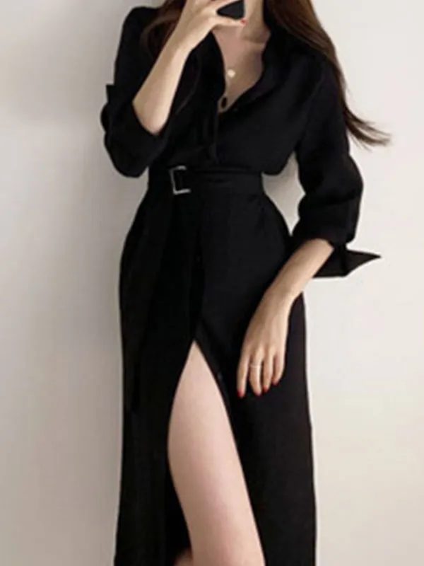 Belted Long Sleeve Shirt Midi Dress