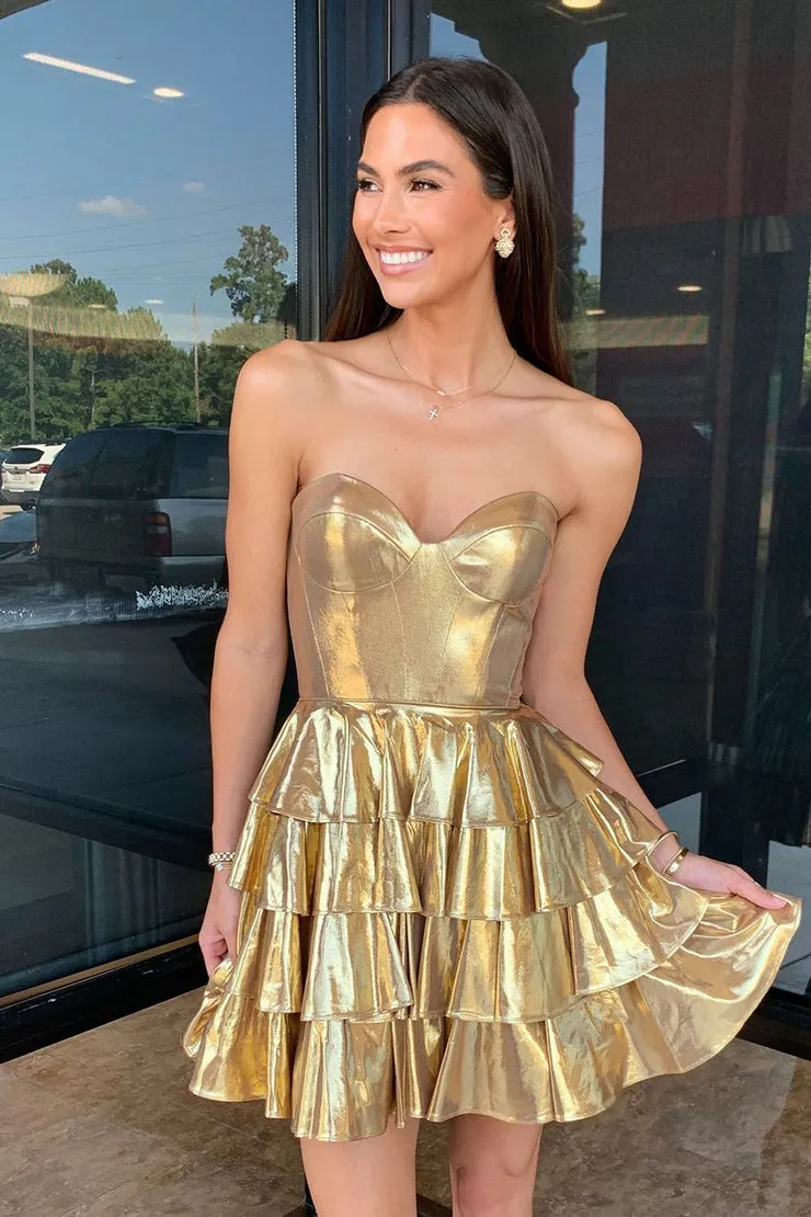 Bonny | Sweetheart Gold Metallic A-Line Ruffle Homecoming Dress