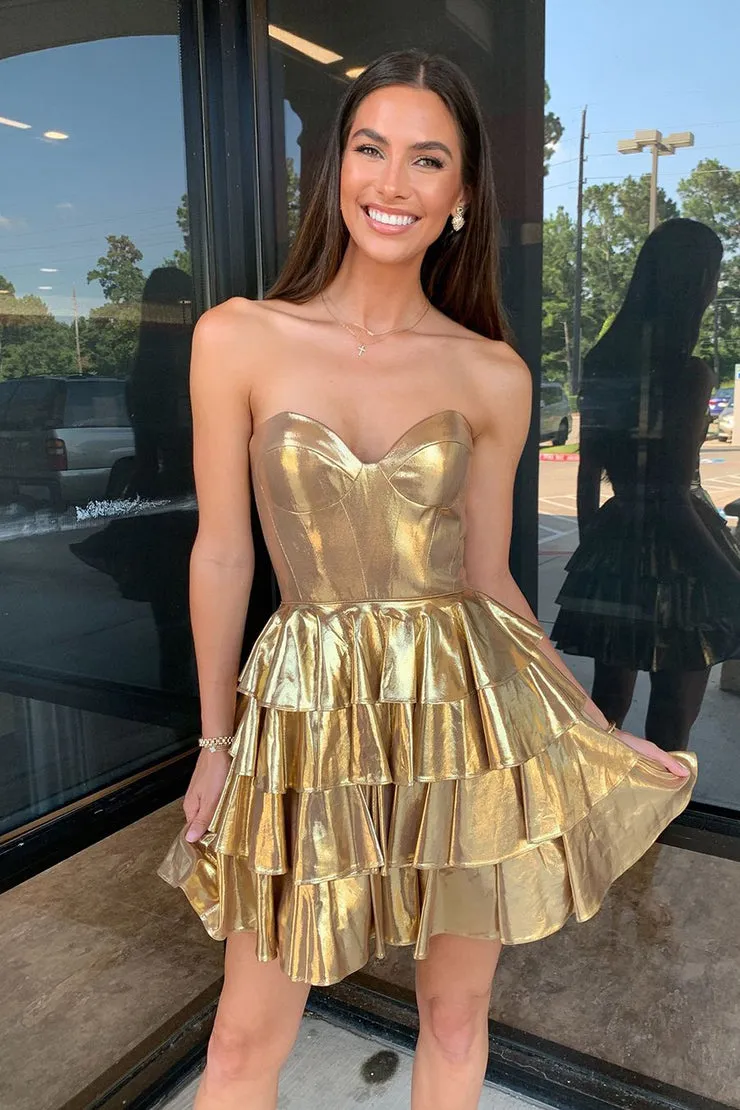 Bonny | Sweetheart Gold Metallic A-Line Ruffle Homecoming Dress