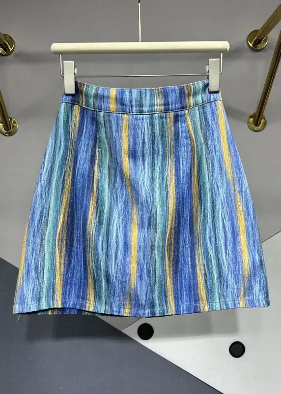 Chic Blue Striped Asymmetrical Pockets Patchwork Denim Skirts Summer ML0719