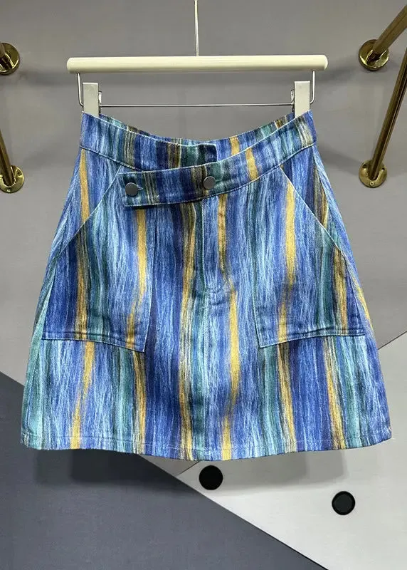 Chic Blue Striped Asymmetrical Pockets Patchwork Denim Skirts Summer ML0719