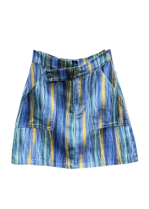 Chic Blue Striped Asymmetrical Pockets Patchwork Denim Skirts Summer ML0719