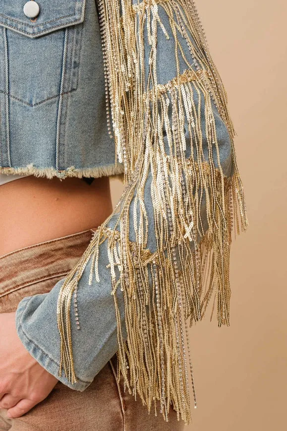 Crop Fayed Ed Studded Sequin Tiered Denim Jacket