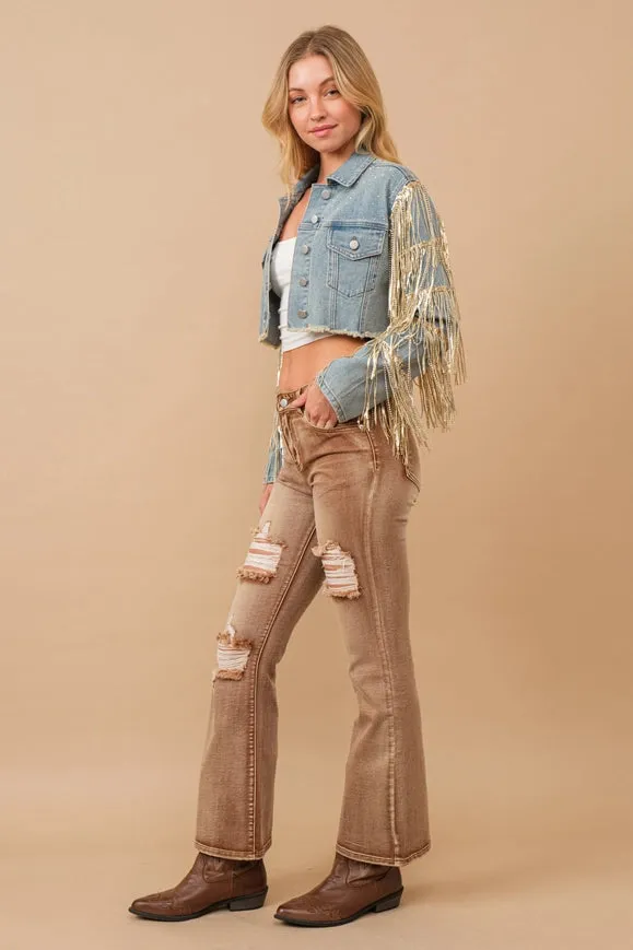 Crop Fayed Ed Studded Sequin Tiered Denim Jacket