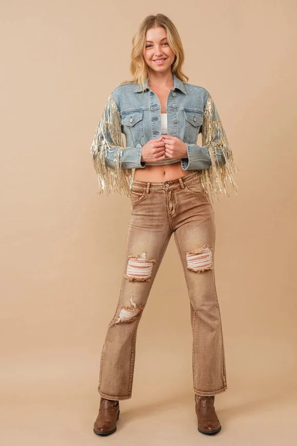 Crop Fayed Ed Studded Sequin Tiered Denim Jacket