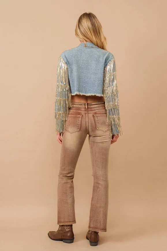 Crop Fayed Ed Studded Sequin Tiered Denim Jacket