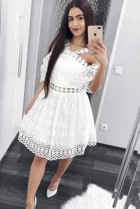 Cute A-Line White Lace Homecoming Dresses,Short Prom Dresses OKM6