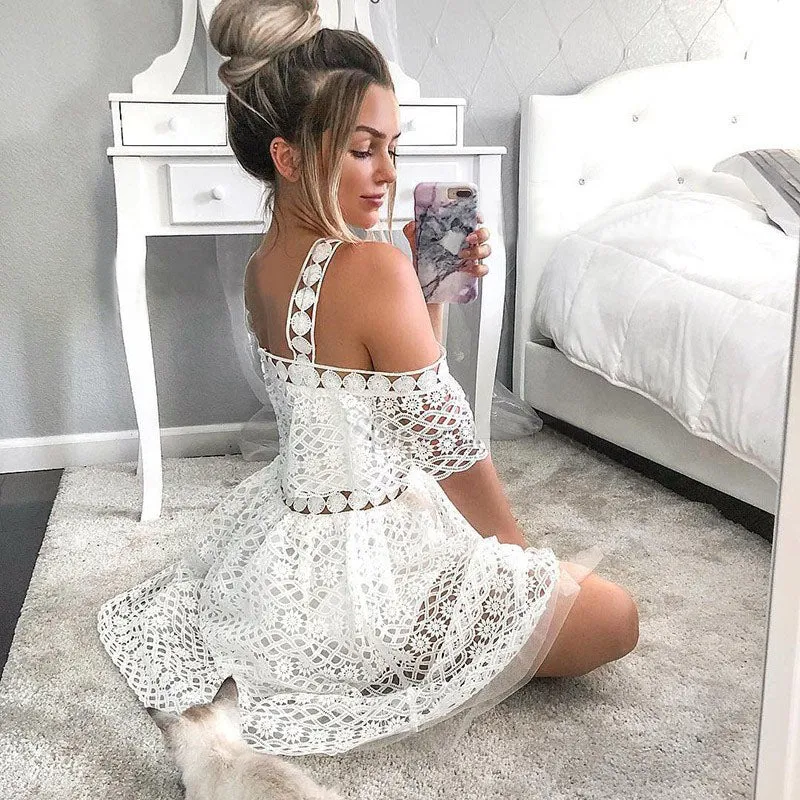 Cute A-Line White Lace Homecoming Dresses,Short Prom Dresses OKM6