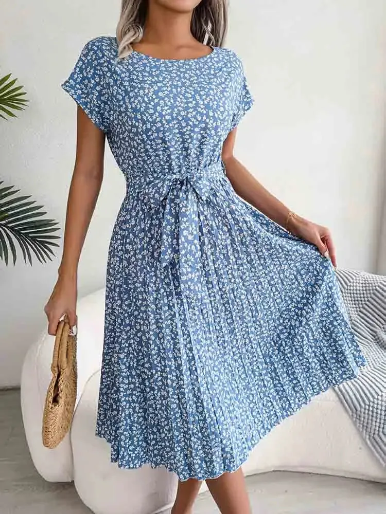 Fashion Floral Pleated Long Spring Summer High Waist Chic A-Line Dress