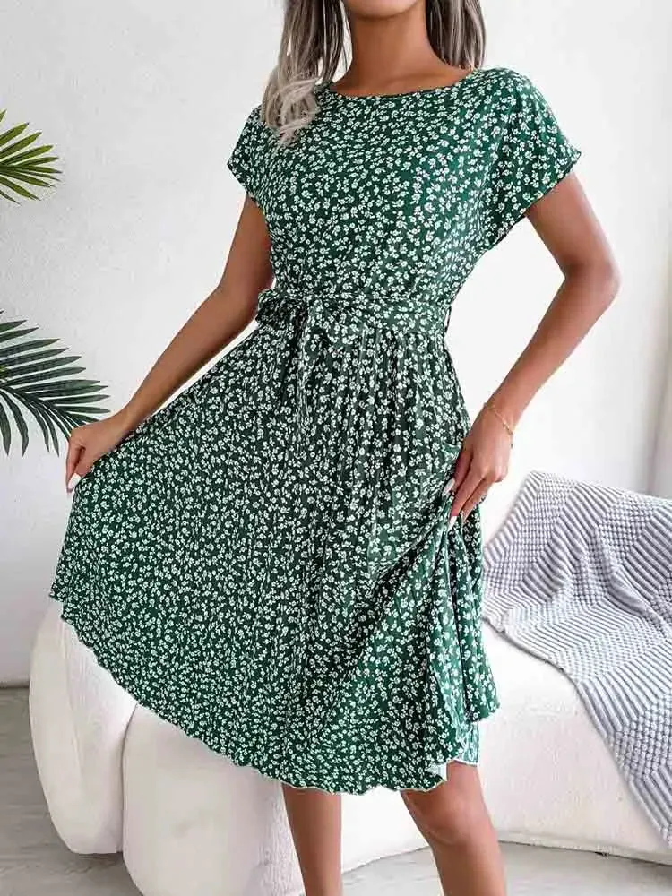 Fashion Floral Pleated Long Spring Summer High Waist Chic A-Line Dress