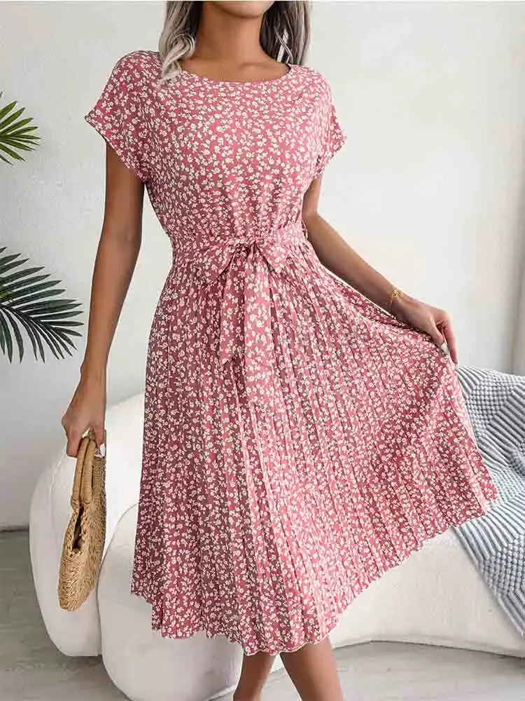 Fashion Floral Pleated Long Spring Summer High Waist Chic A-Line Dress