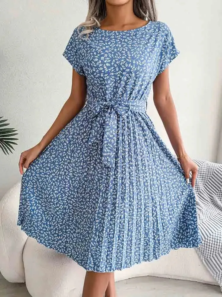 Fashion Floral Pleated Long Spring Summer High Waist Chic A-Line Dress