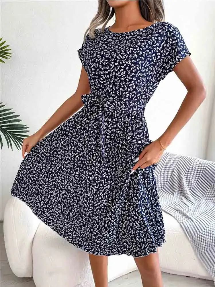 Fashion Floral Pleated Long Spring Summer High Waist Chic A-Line Dress