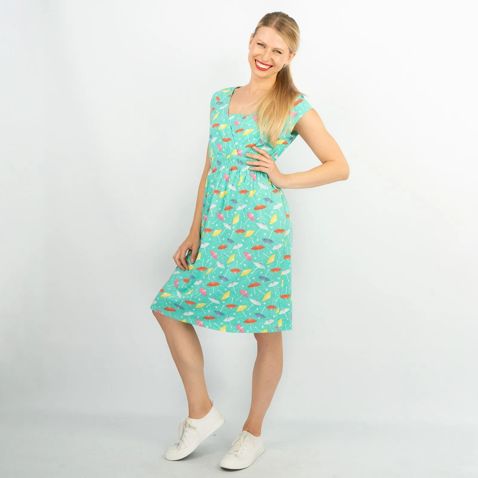 Frugi Short Sleeve Green Elasticated Waist Relaxed Casual Summer Jersey Dresses