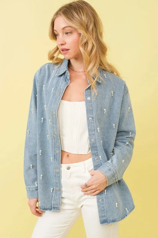 Garment Washed Denim Pearl Shirt Jacket