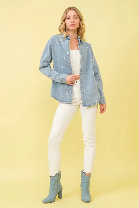 Garment Washed Denim Pearl Shirt Jacket