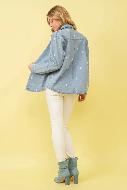 Garment Washed Denim Pearl Shirt Jacket