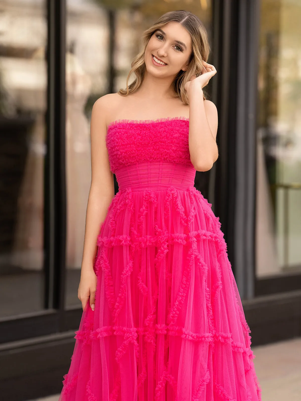 Lainey |A-Line Strapless Ruffles Long Formal Dress with Puff Sleeves