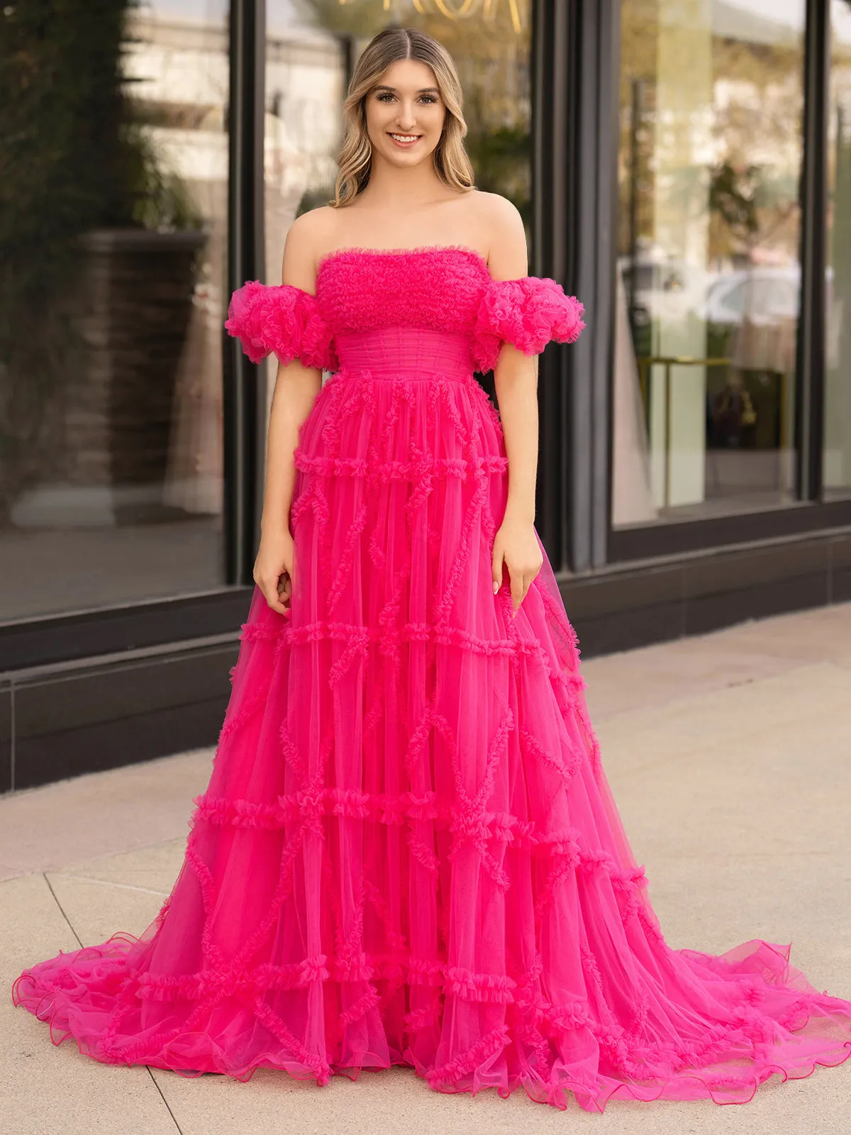 Lainey |A-Line Strapless Ruffles Long Formal Dress with Puff Sleeves