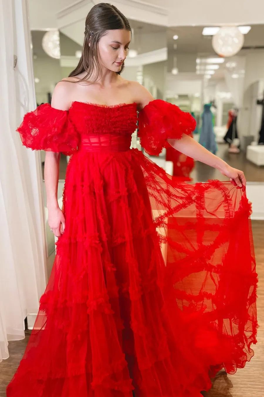 Lainey |A-Line Strapless Ruffles Long Formal Dress with Puff Sleeves