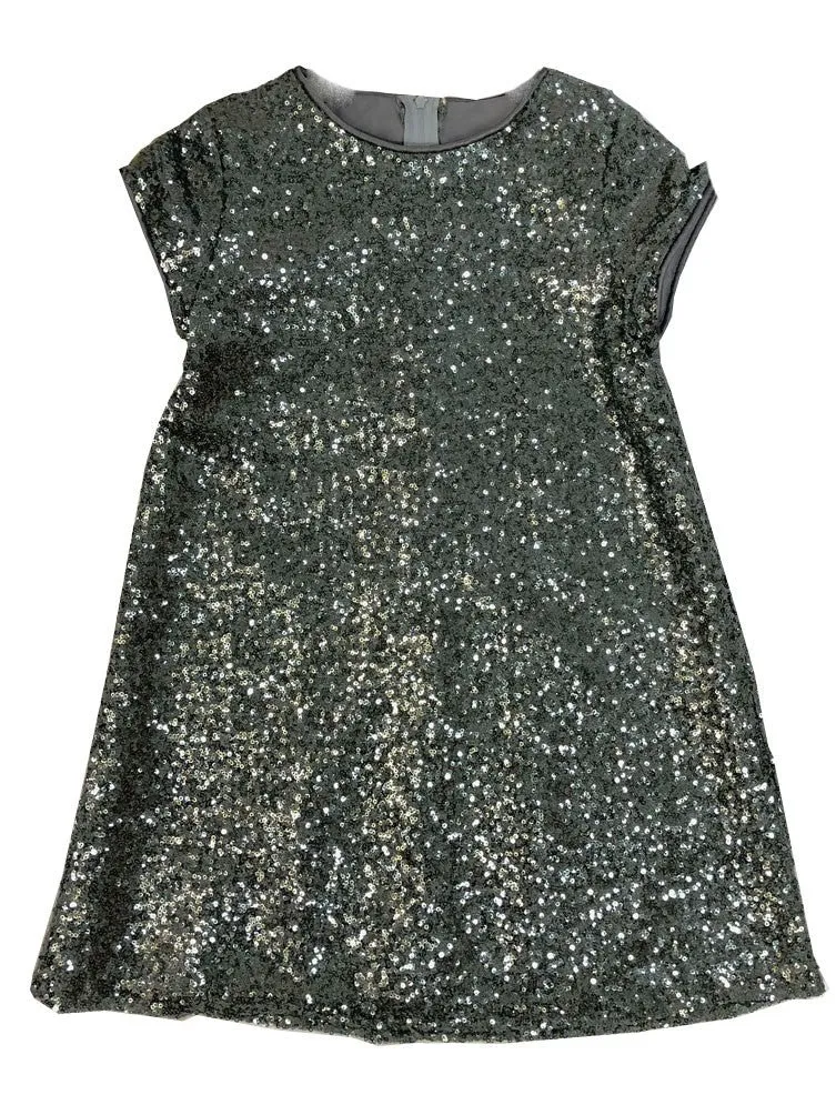 Little Girls Gray Sparkle Sequin Katy Short Sleeve Shift Party Dress 2-6