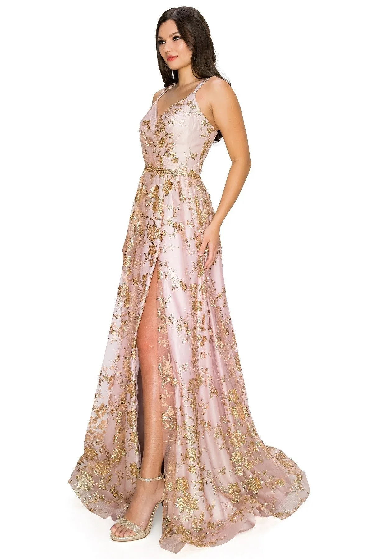 Sequin Floral Gown A-line Gown by Cinderella Couture USA AS8022J-DROSE - Special Occasion/Curves