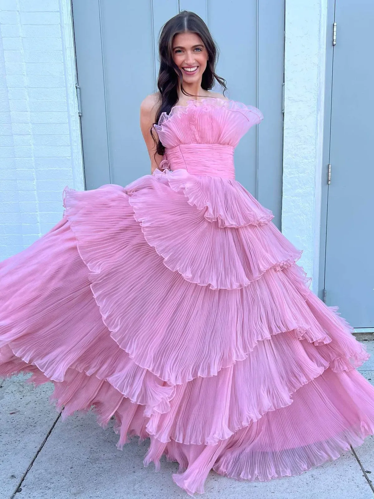 Vanessa |Strapless A-Line Tiered Crinkled Tulle Prom Dress