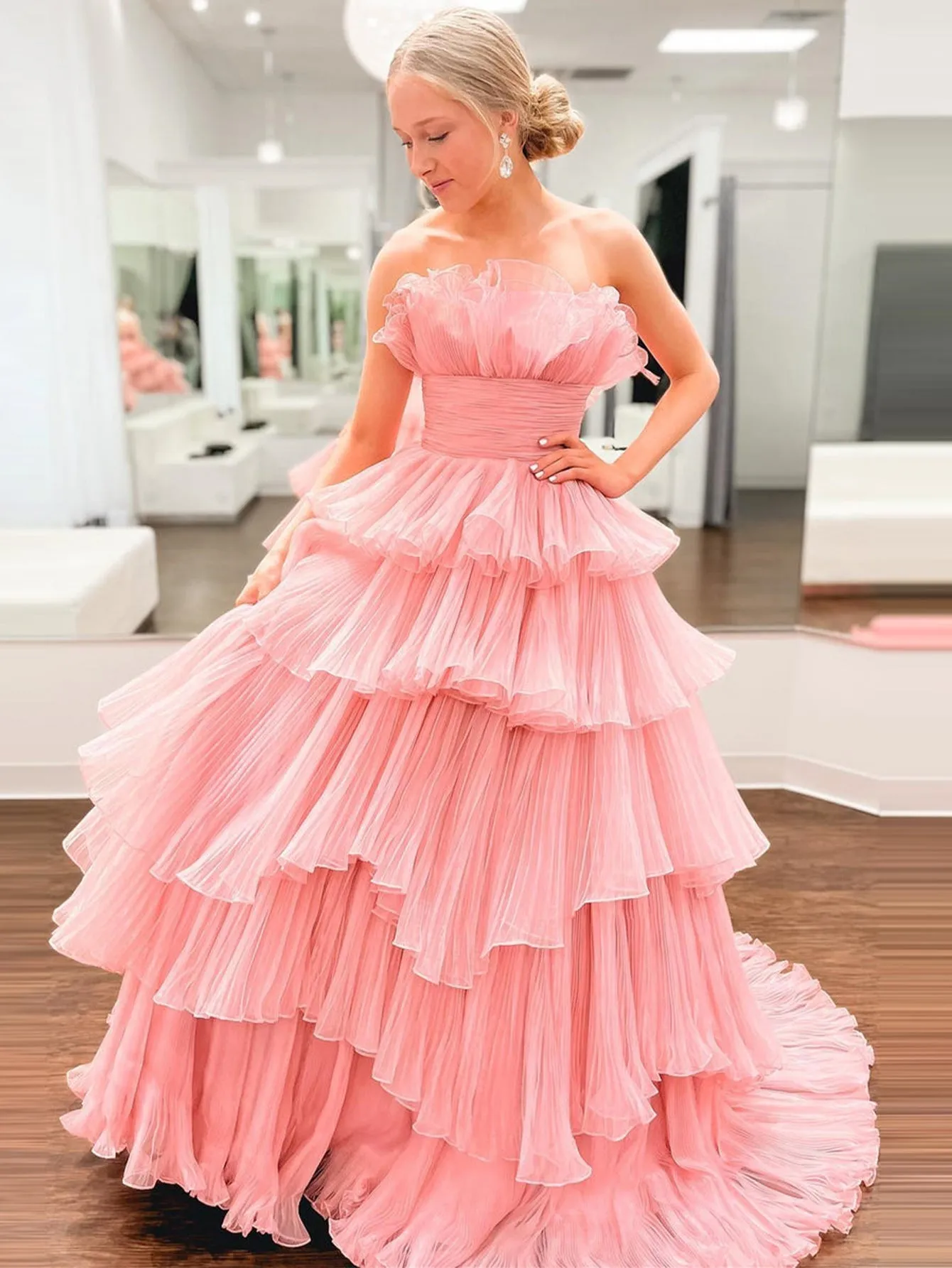 Vanessa |Strapless A-Line Tiered Crinkled Tulle Prom Dress