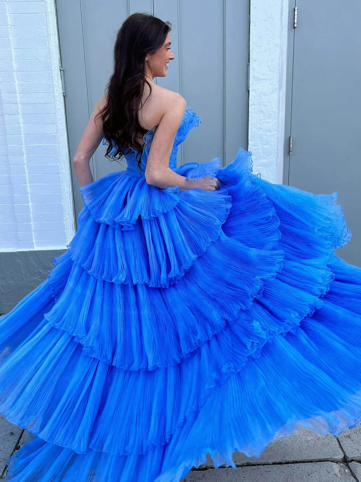 Vanessa |Strapless A-Line Tiered Crinkled Tulle Prom Dress