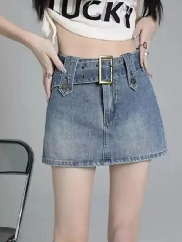 Y2K washed denim high waist slim skirt